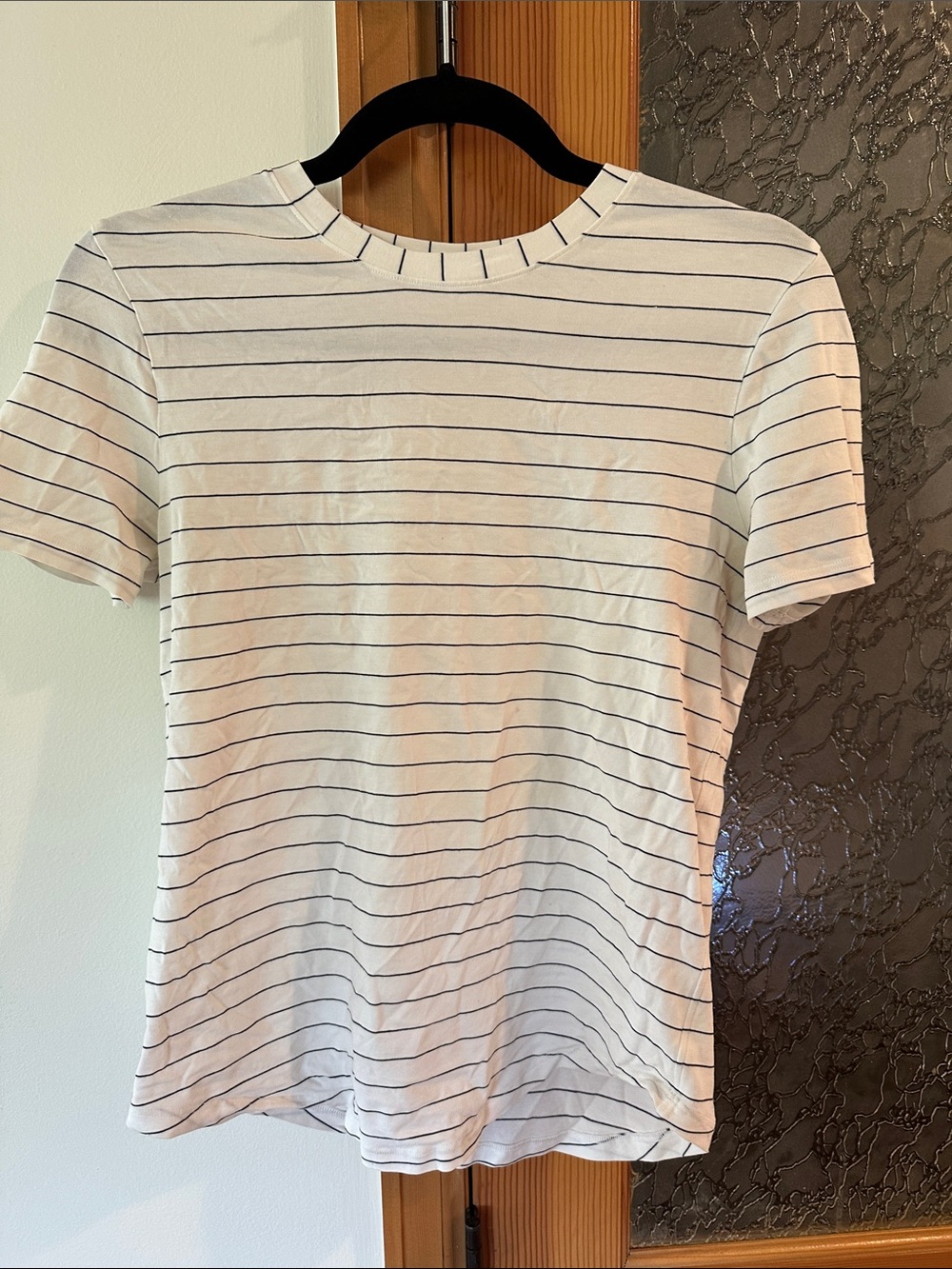 Lululemon White Short-Sleeve Crewneck Tee with Thin Navy Stripes